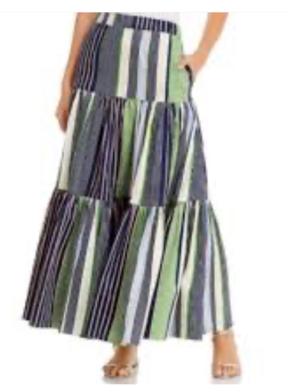 Tory Burch Field Day Striped Cotton Tiered Maxi Skirt XS Pockets